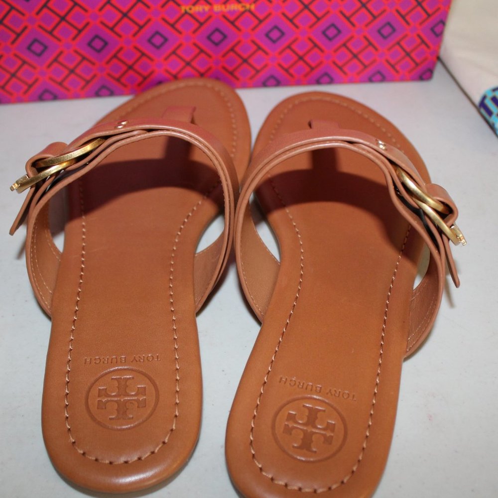 TORY BURCH MARSDEN FLAT THONG SANDALS TAN LEATHER - Picture 8 of 9